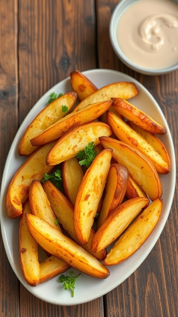 Crispy roasted yellow potato wedges garnished with parsley on a rustic table.